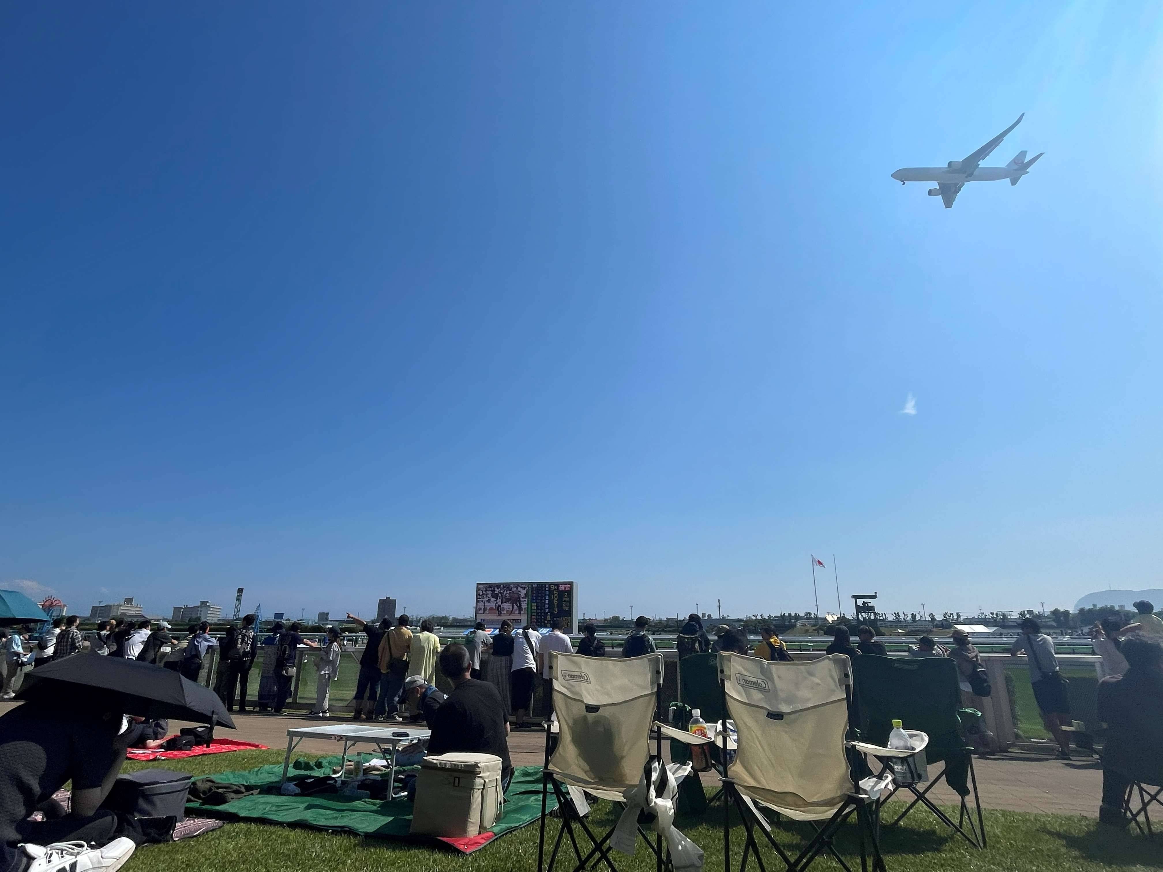函館山や飛行機を望める函館競馬場の景色